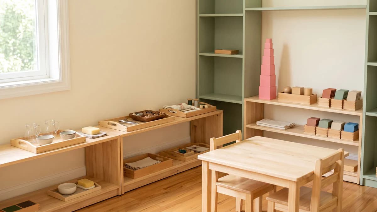 Organized Montessori classroom with natural wooden shelves displaying learning materials, practical life items, and sensorial tools in warm, calm lighting.