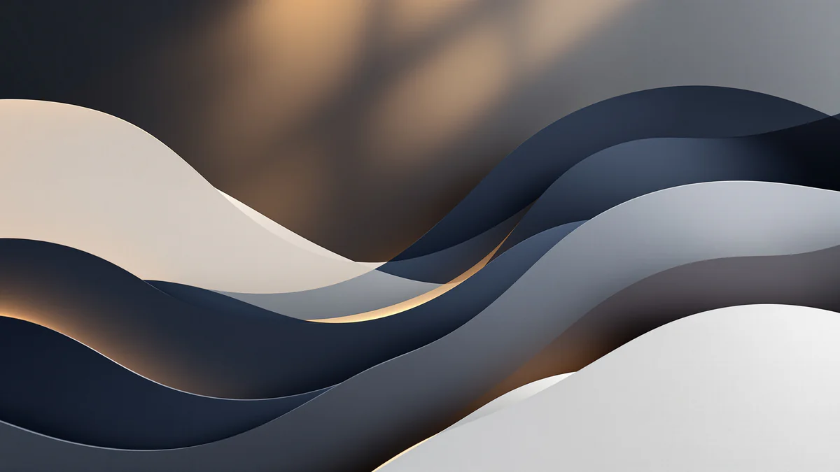 Abstract geometric composition with layered planes in navy, charcoal, and cream, transitioning from structured grid patterns to flowing organic shapes with warm rim lighting.