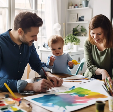 A family collaboratively painting at home, highlighting their creativity at Montessori Home